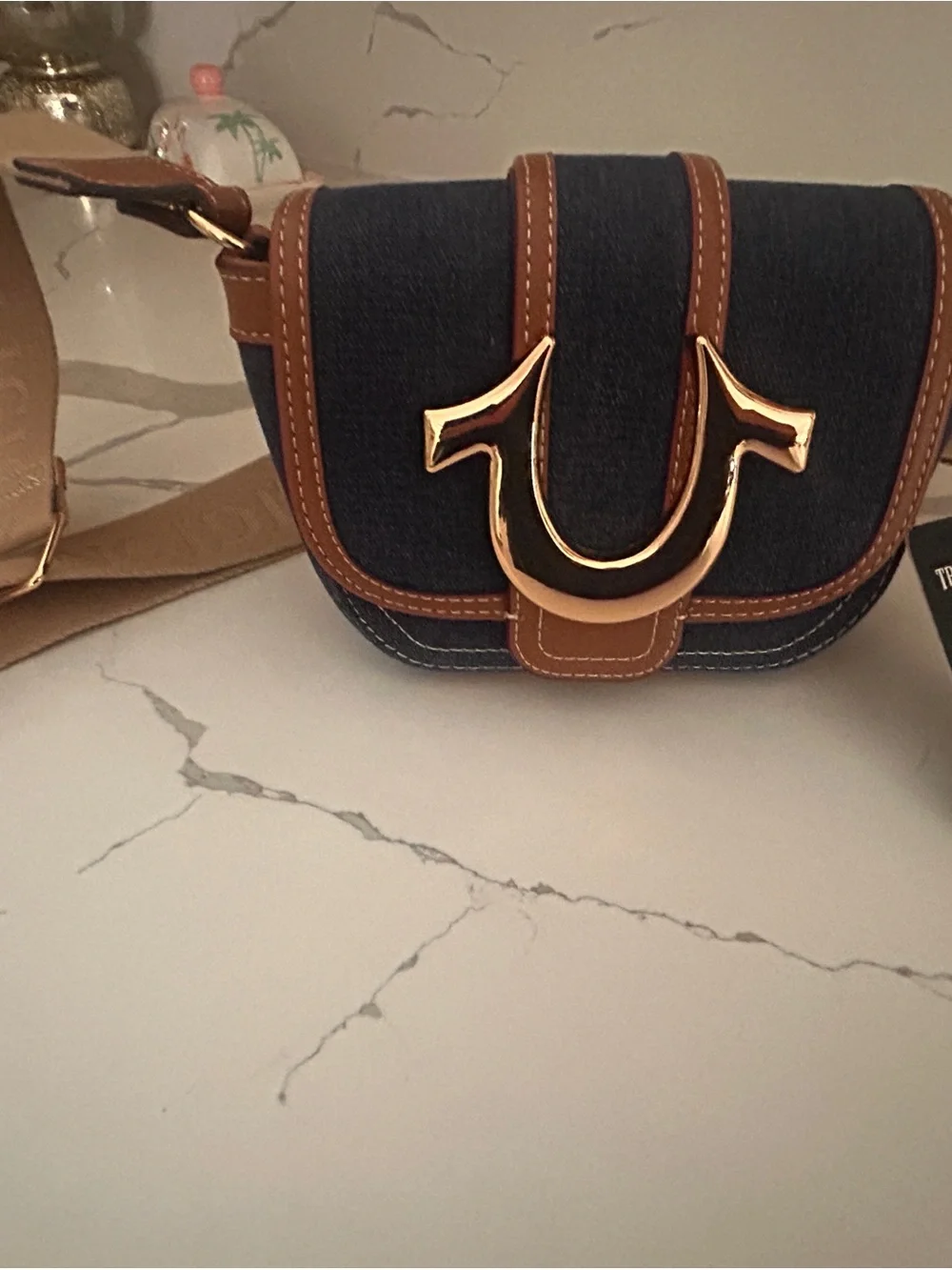 True Religion Navy Denim Crossbody with Brown Trim and Gold Hardware